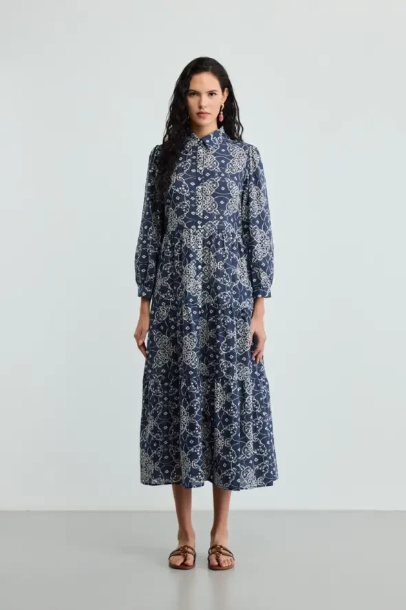 Relaxed Fit Long Cotton Dress - Navy Blue - 1