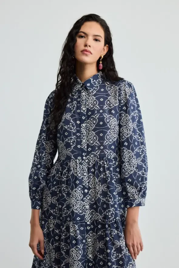 Relaxed Fit Long Cotton Dress - Navy Blue - 2