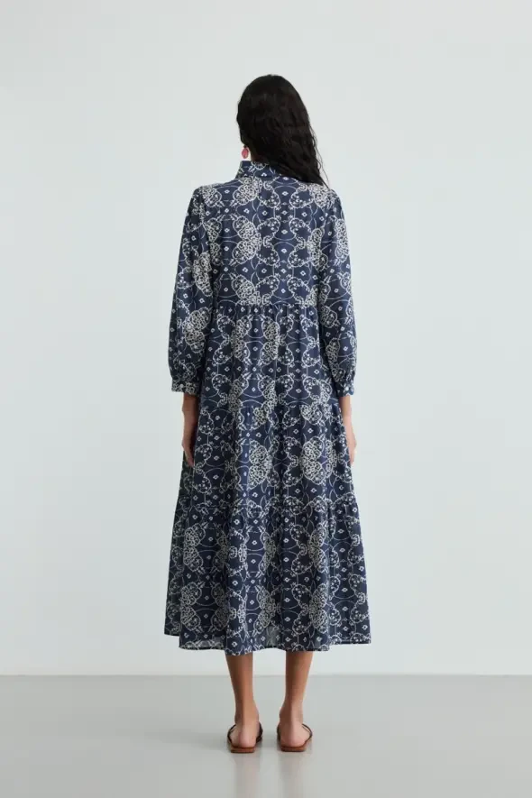 Relaxed Fit Long Cotton Dress - Navy Blue - 4