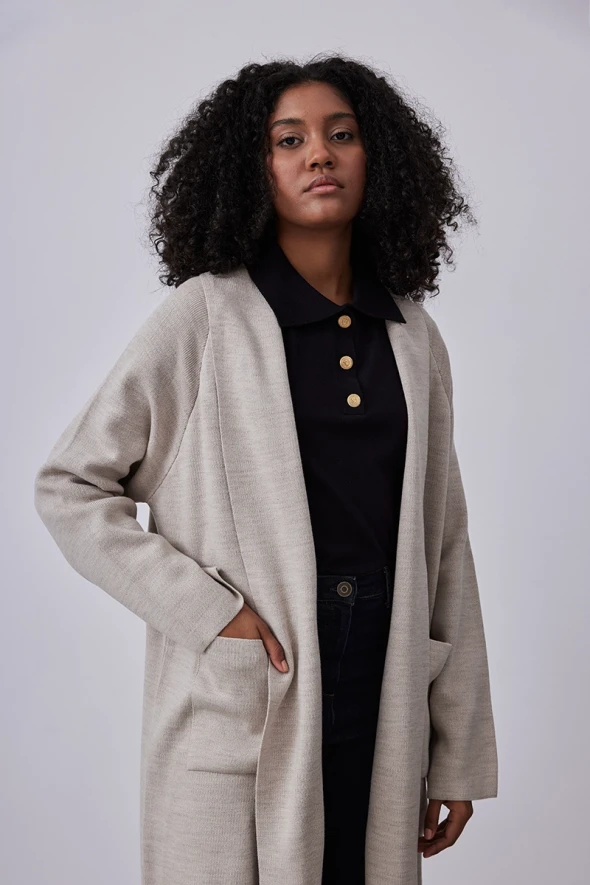 Relaxed Fit Long Knitwear Cardigan - Stone - 2