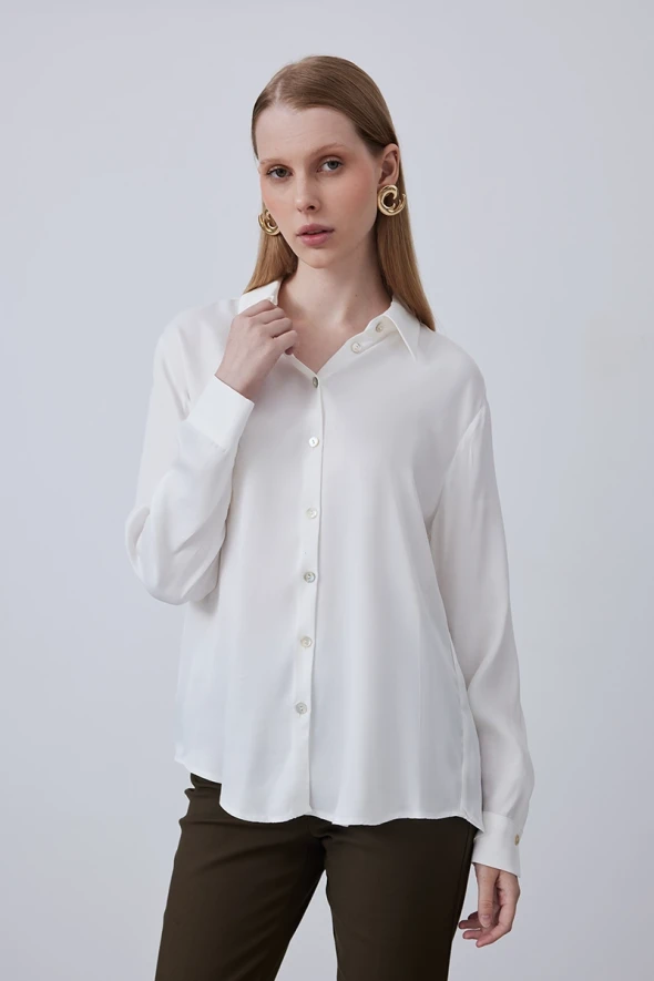 Relaxed Fit Matt Satin Viscose Shirt - Ecru - 3