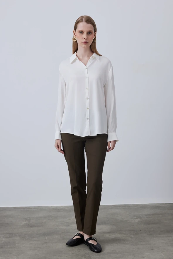 Relaxed Fit Matt Satin Viscose Shirt - Ecru - 2