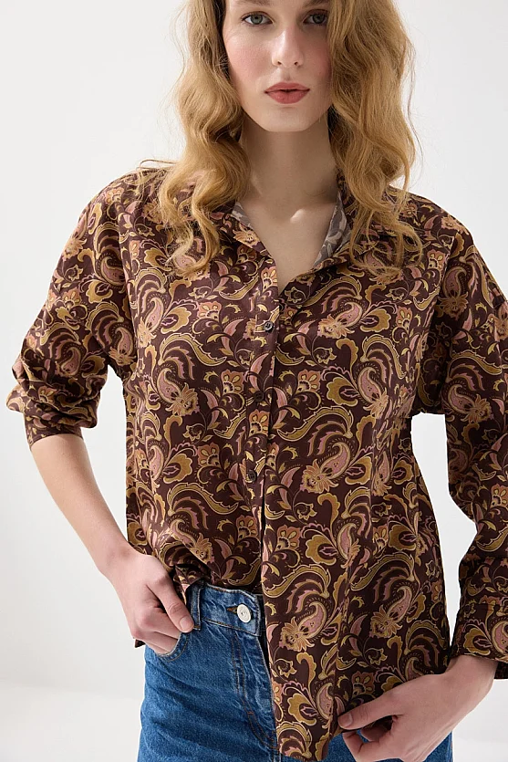 Relaxed Fit Paisley Pattern Viscose Cotton Shirt - Brown - 3