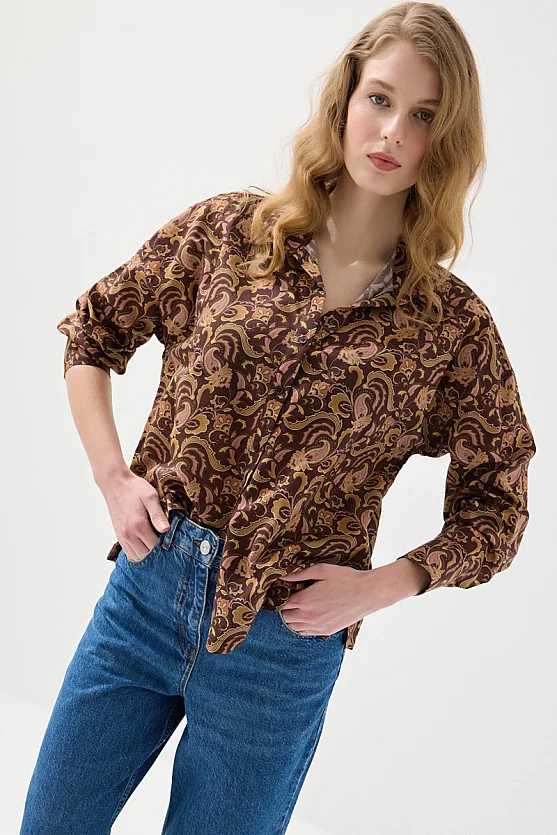 Relaxed Fit Paisley Pattern Viscose Cotton Shirt - Brown - 4