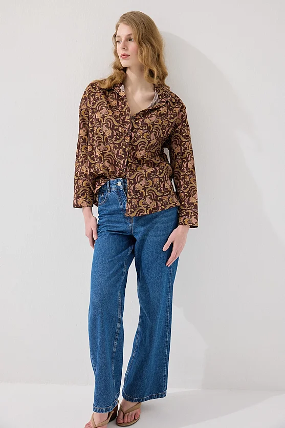 Relaxed Fit Paisley Pattern Viscose Cotton Shirt - Brown - 5