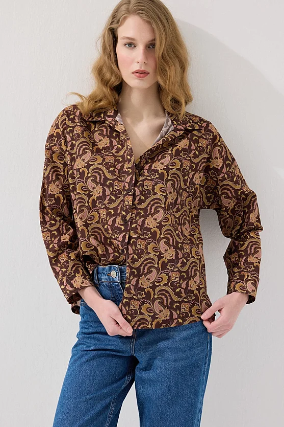 Relaxed Fit Paisley Pattern Viscose Cotton Shirt - Brown - 1