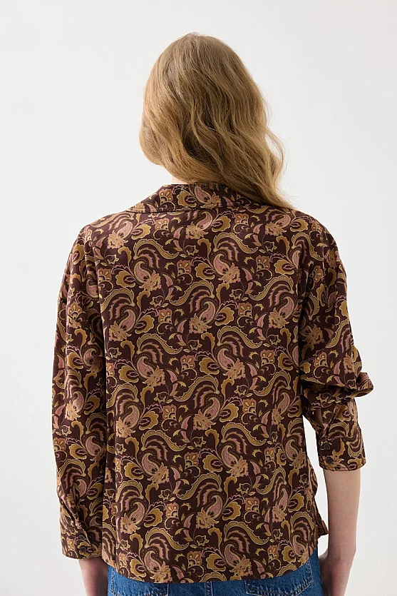 Relaxed Fit Paisley Pattern Viscose Cotton Shirt - Brown - 7