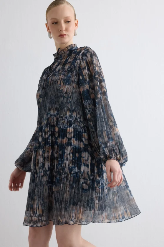 Relaxed Fit Patterned Pleated Dress - Navy - 3