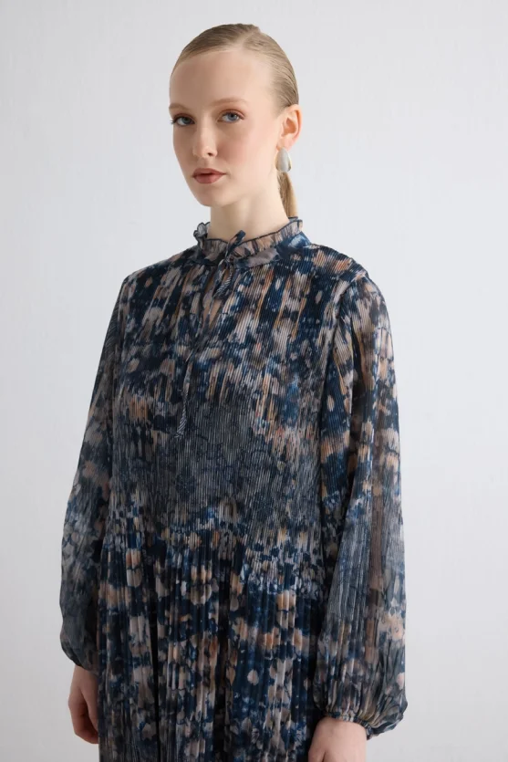 Relaxed Fit Patterned Pleated Dress - Navy - 4