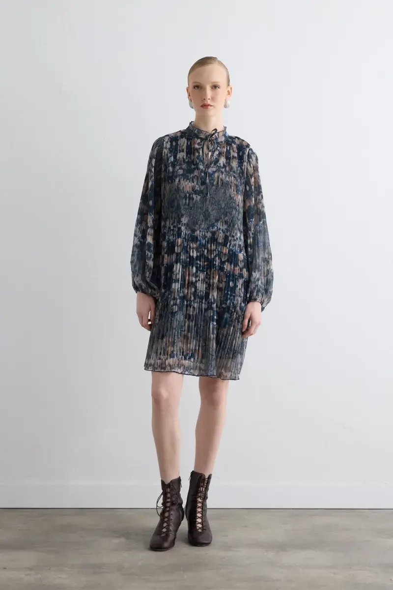 Relaxed Fit Patterned Pleated Dress - Navy - 1