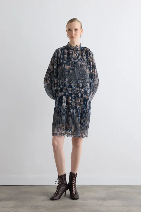 Relaxed Fit Patterned Pleated Dress Navy - 2