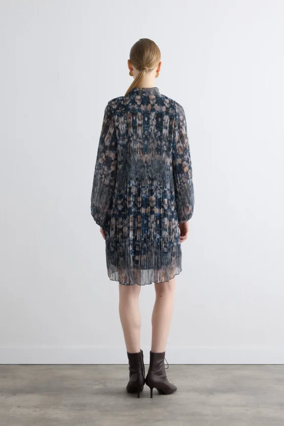 Relaxed Fit Patterned Pleated Dress Navy - Gusto