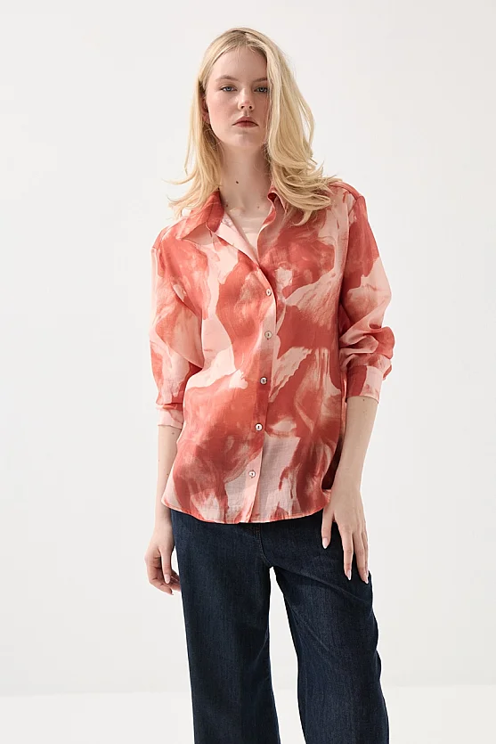 Relaxed Fit Patterned Tencel Shirt - Pink - Gusto