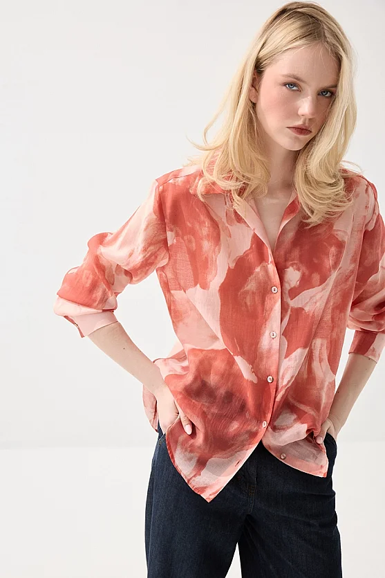 Relaxed Fit Patterned Tencel Shirt - Pink - Gusto