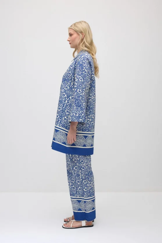 Relaxed Fit Patterned Viscose Kaftan - Navy Blue - 4