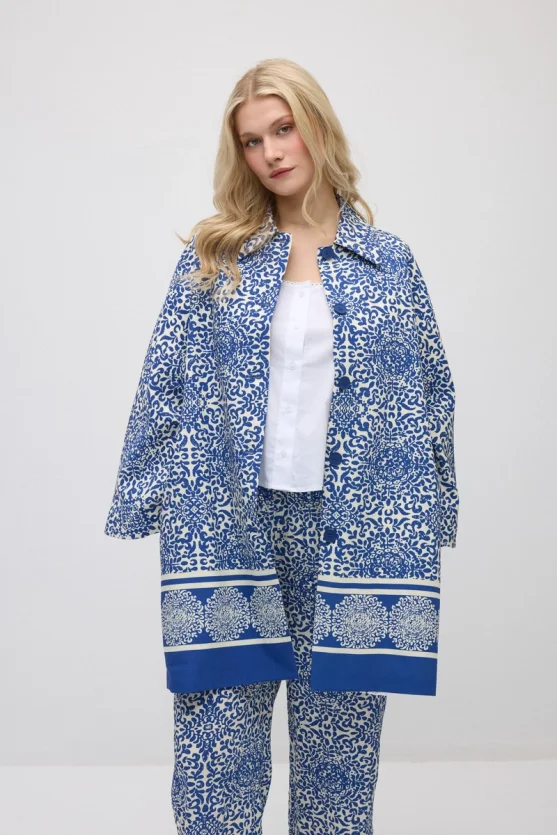 Relaxed Fit Patterned Viscose Kaftan - Navy Blue - 1