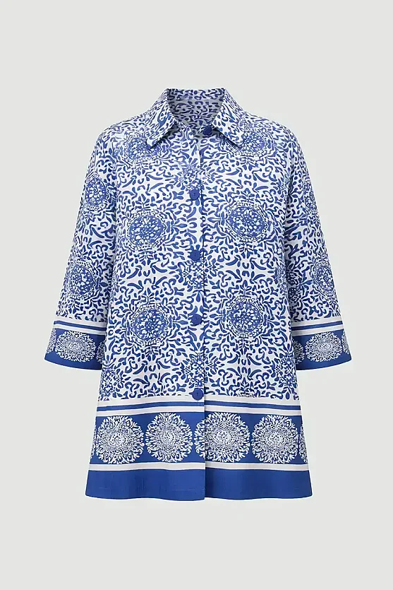 Relaxed Fit Patterned Viscose Kaftan - Navy Blue - 7