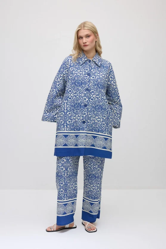 Relaxed Fit Patterned Viscose Kaftan - Navy Blue - Gusto