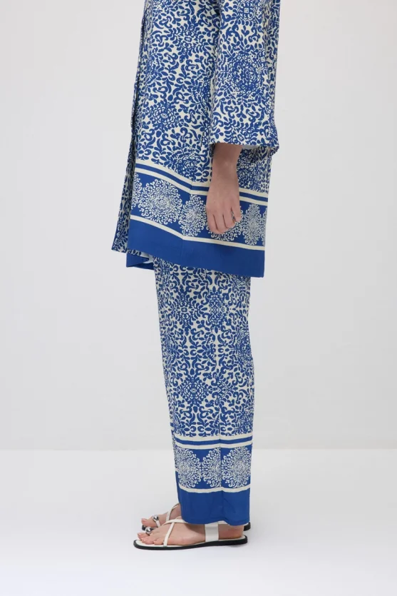 Relaxed Fit Patterned Viscose Kaftan - Navy Blue - Gusto