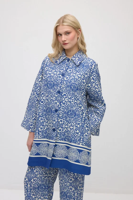 Relaxed Fit Patterned Viscose Kaftan - Navy Blue - Gusto
