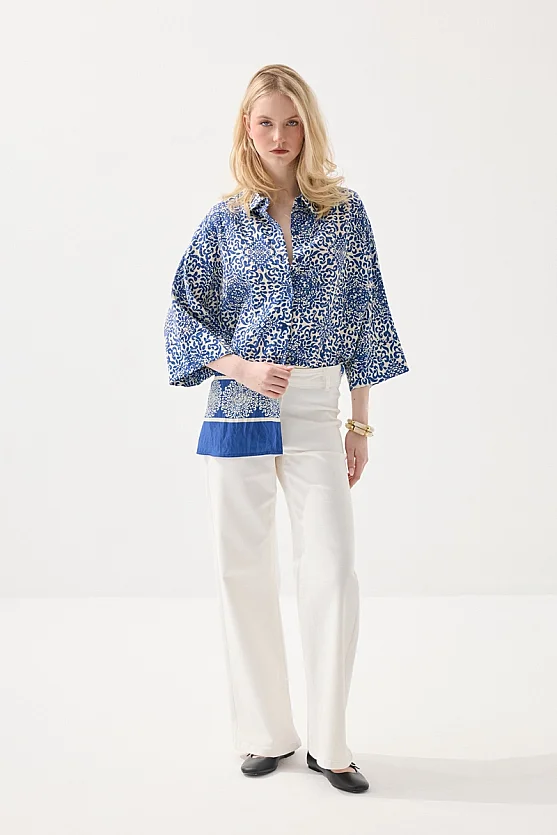 Relaxed Fit Patterned Viscose Shirt - Navy Blue - 2