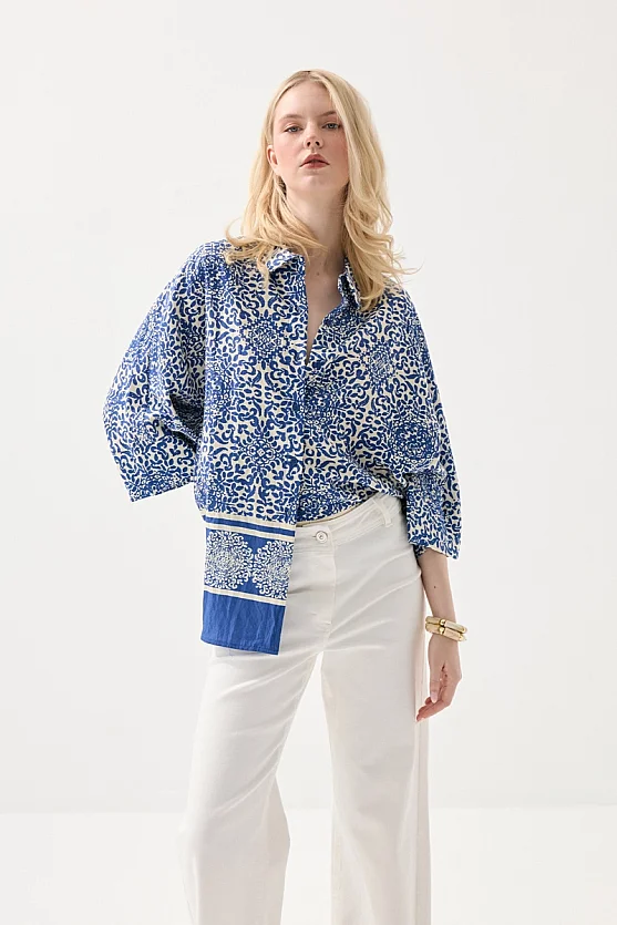 Relaxed Fit Patterned Viscose Shirt - Navy Blue - 3