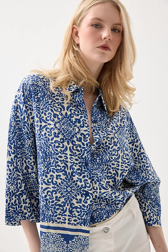 Relaxed Fit Patterned Viscose Shirt - Navy Blue - Gusto