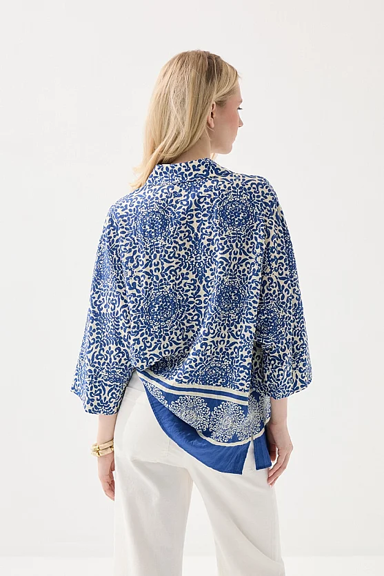 Relaxed Fit Patterned Viscose Shirt - Navy Blue - 6