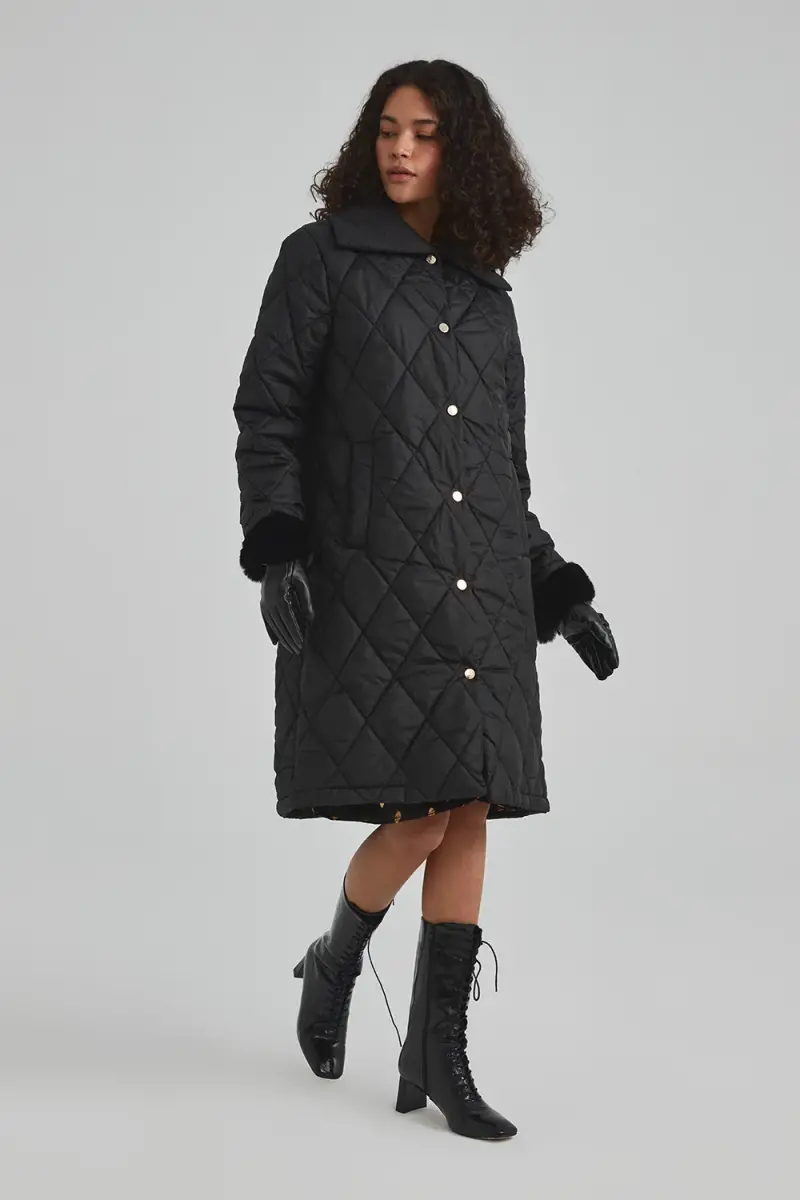Relaxed Fit Quilted Coat - Black - 1
