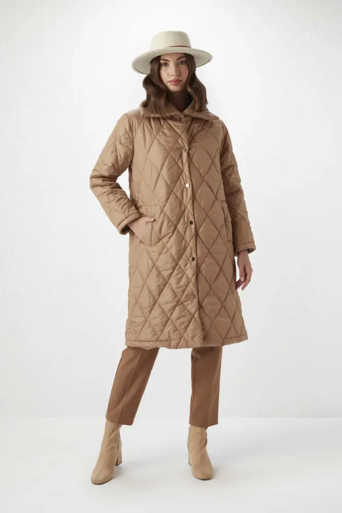 Relaxed Fit Quilted Coat - Camel Camel