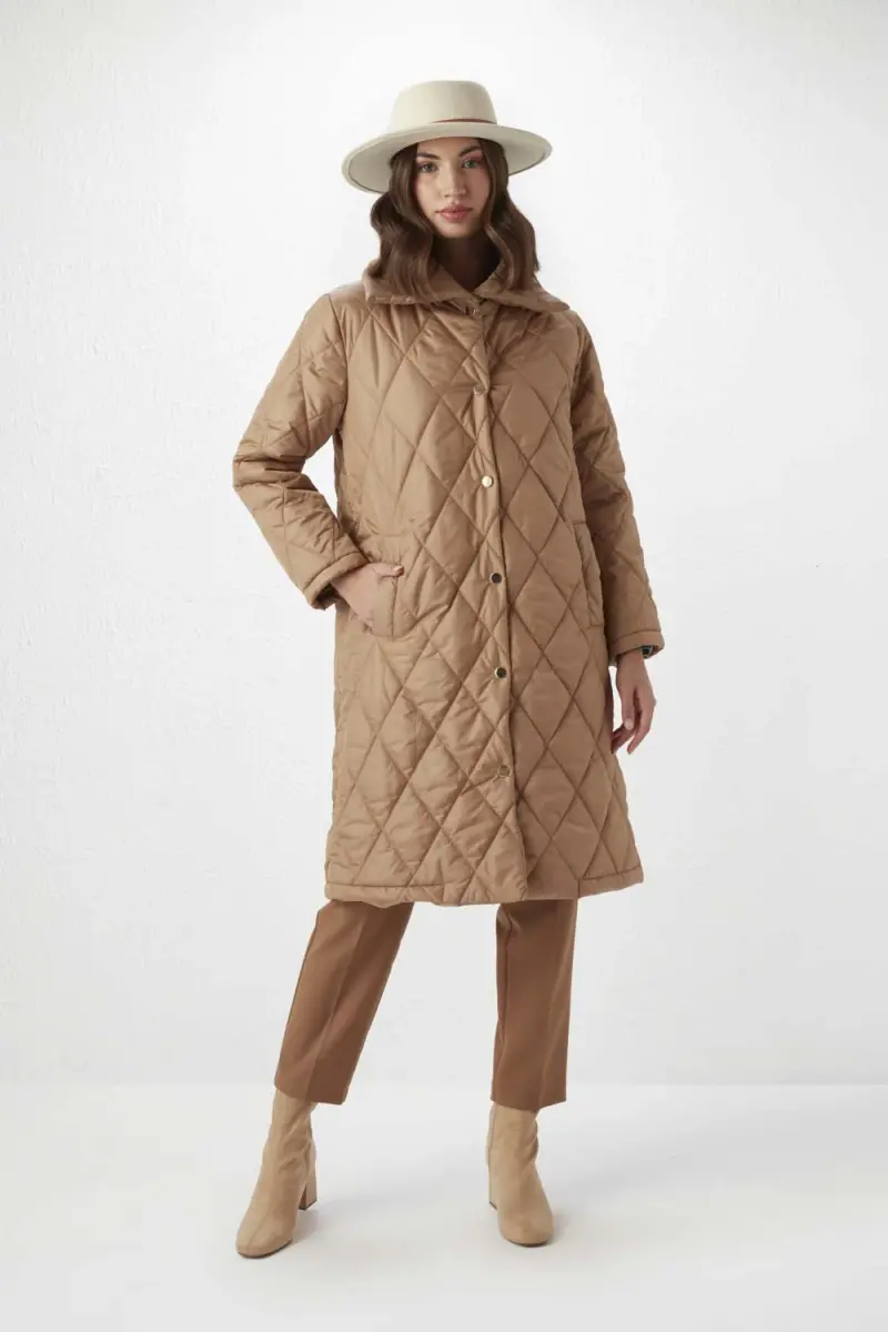Relaxed Fit Quilted Coat - Camel - 1