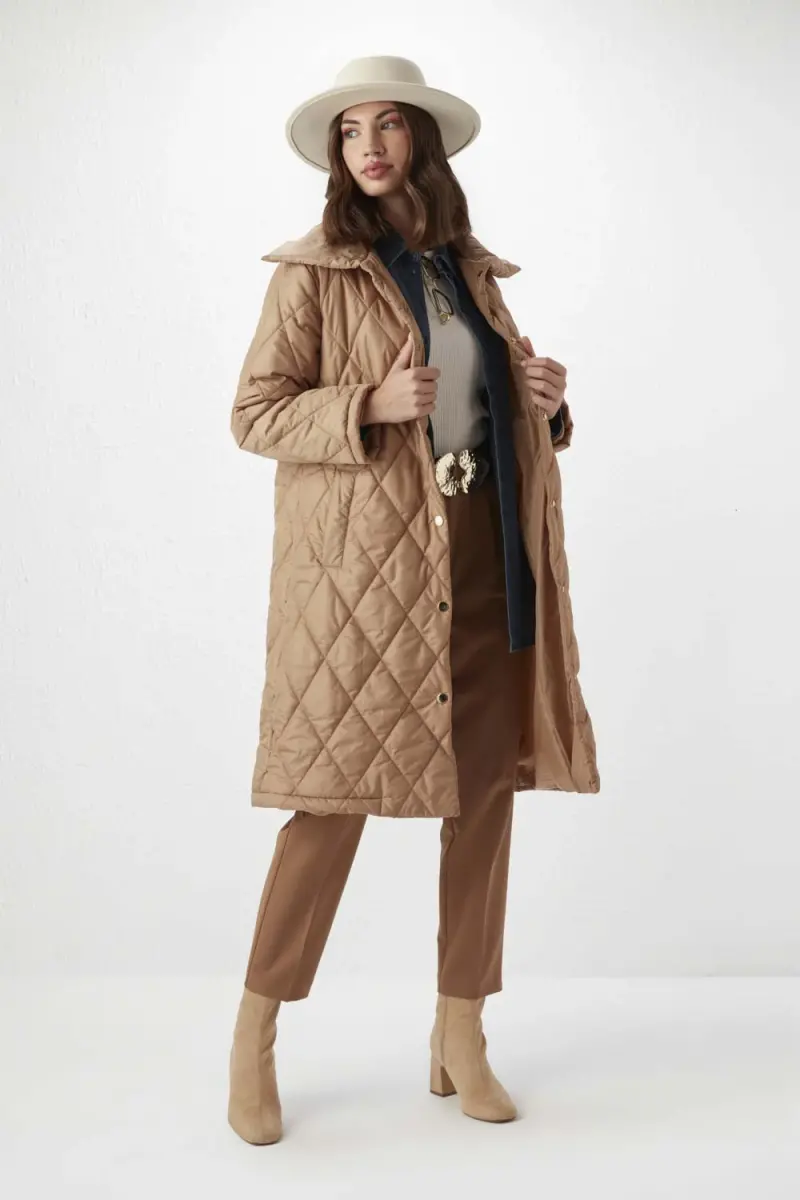 Relaxed Fit Quilted Coat - Camel - 2