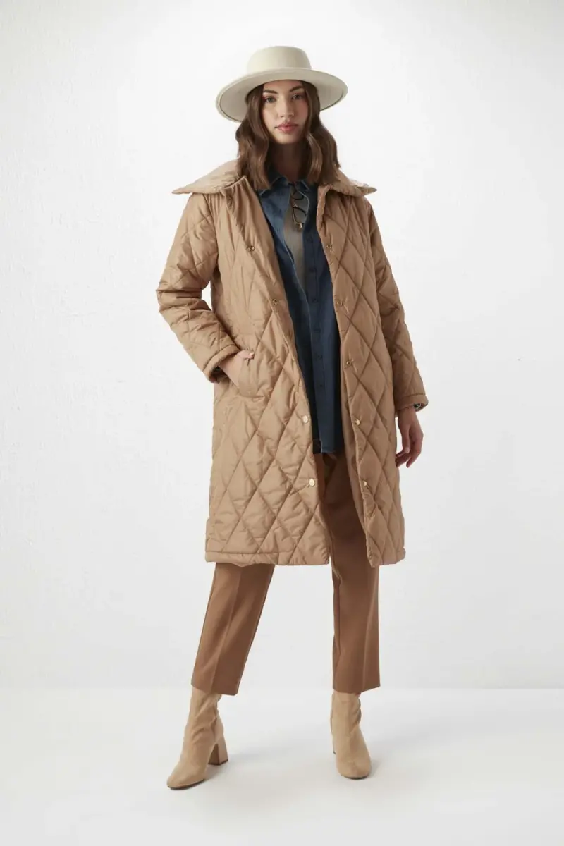 Relaxed Fit Quilted Coat - Camel - 3