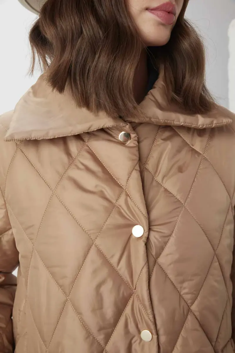 Relaxed Fit Quilted Coat - Camel - 4