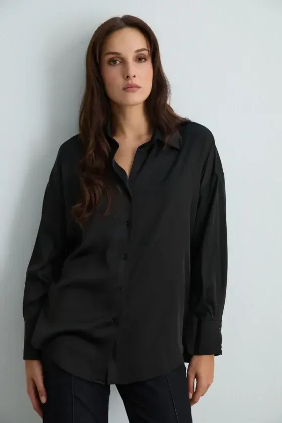 Relaxed Fit Satin Shirt - Black - 4