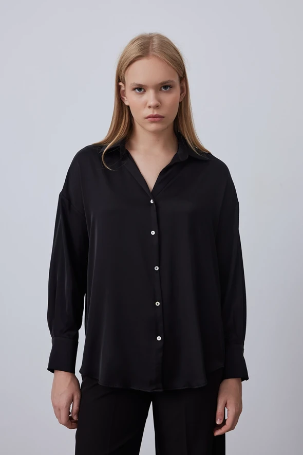 Relaxed Fit Satin Shirt - Black - 1