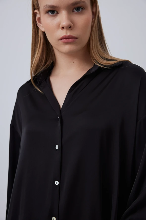 Relaxed Fit Satin Shirt - Black - 3