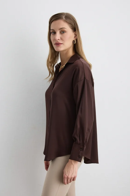 Relaxed-Fit Satin Shirt - Brown - 4
