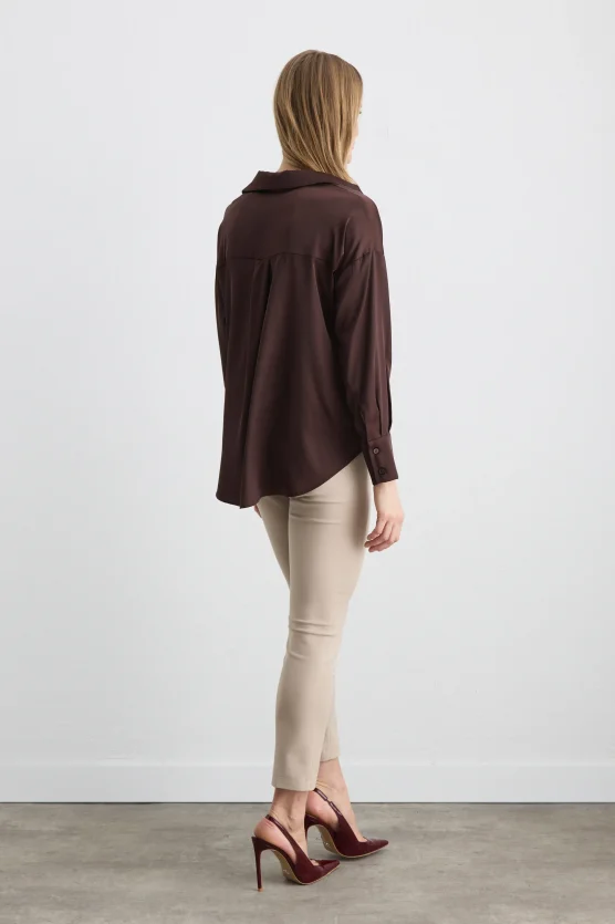 Relaxed-Fit Satin Shirt - Brown - 5