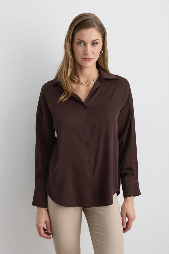 Relaxed-Fit Satin Shirt - Brown Brown