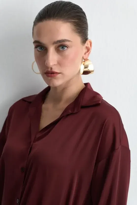 Relaxed Fit Satin Shirt - Burgundy - 2
