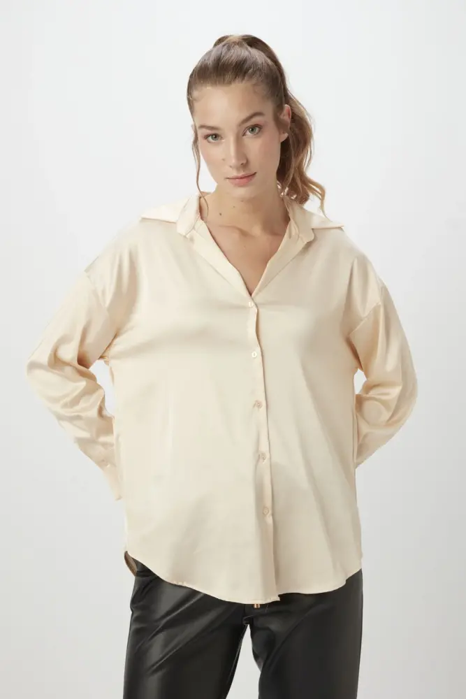 Satin Coffee Relaxed Fit Charmeuse Silk Shirt –