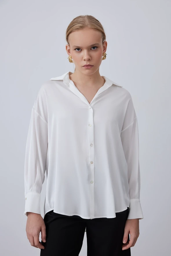 Relaxed Fit Satin Shirt - Ecru - 3