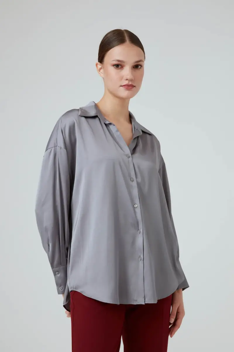 Relaxed Fit Satin Shirt - Gray - 1
