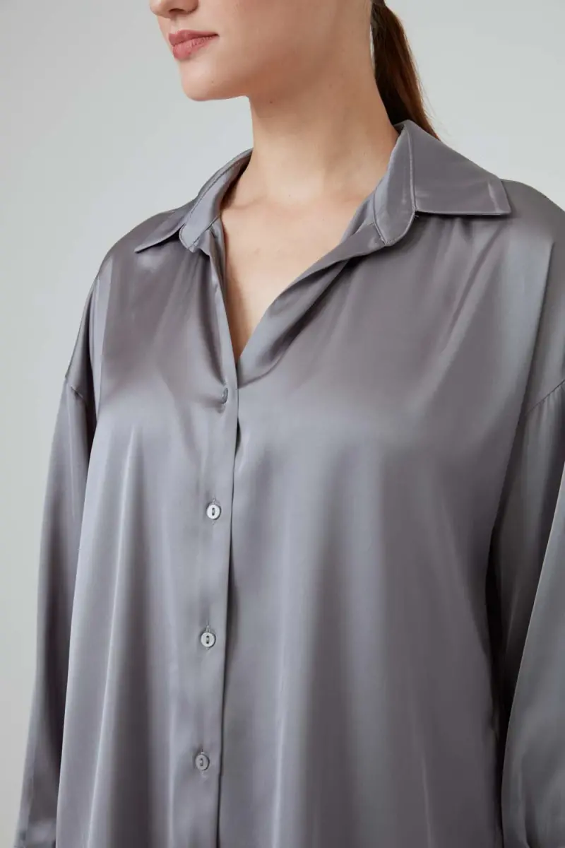 Relaxed Fit Satin Shirt - Gray - 3