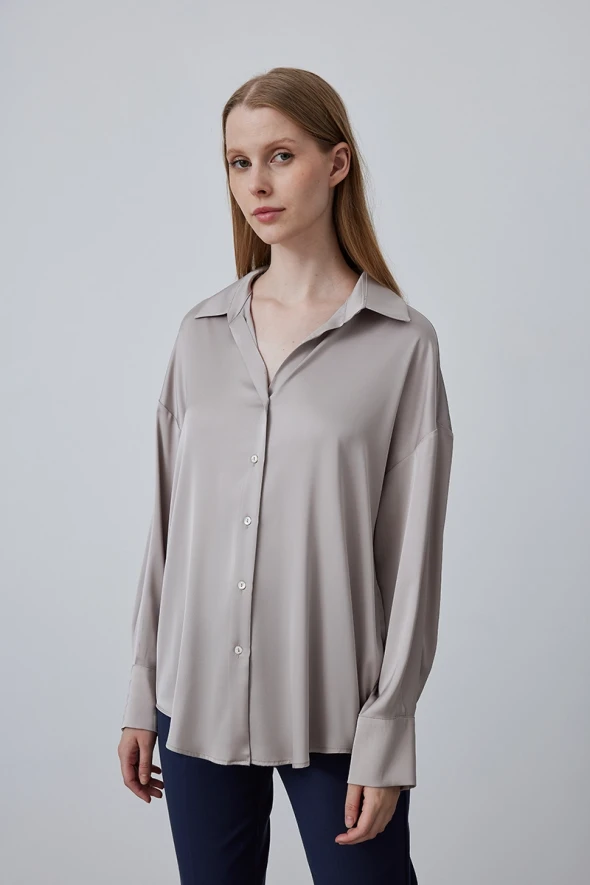 Relaxed Fit Satin Shirt - Mink - 2