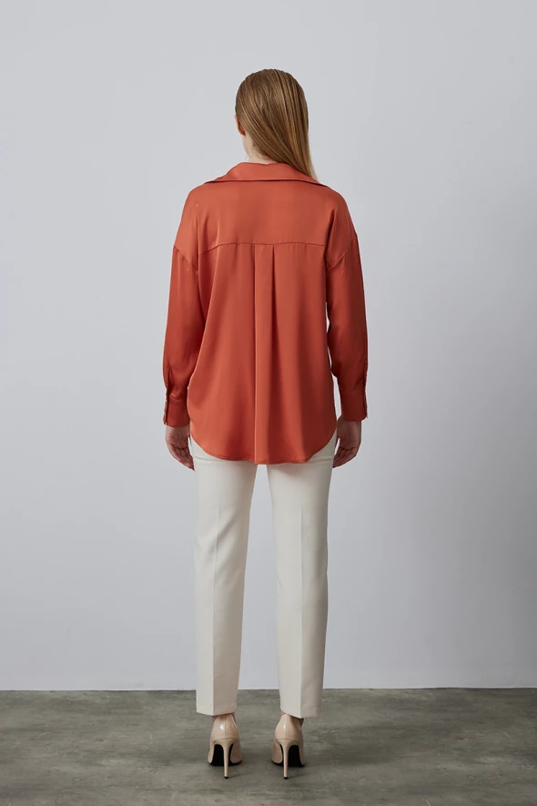 Relaxed Fit Satin Shirt - Orange - 4