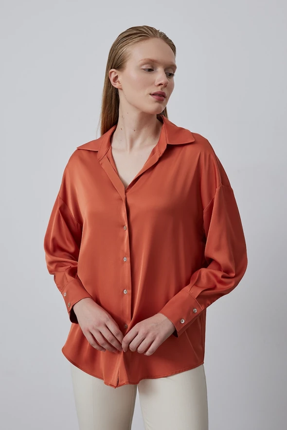 Relaxed Fit Satin Shirt - Orange - 2