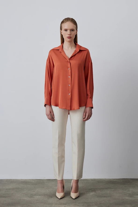 Relaxed Fit Satin Shirt - Orange - 1