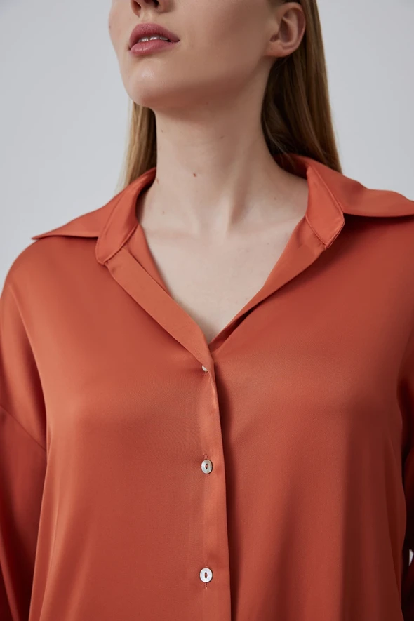 Relaxed Fit Satin Shirt - Orange - 3